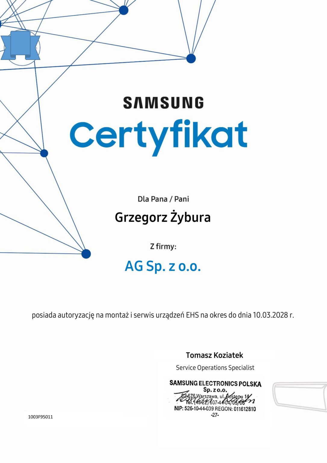 O nas certyfikakt montaż i serwis urządzeń samsung